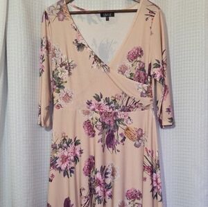 LBISSE Womens Dress Pink Floral Stretch Retro V-neck Size XL